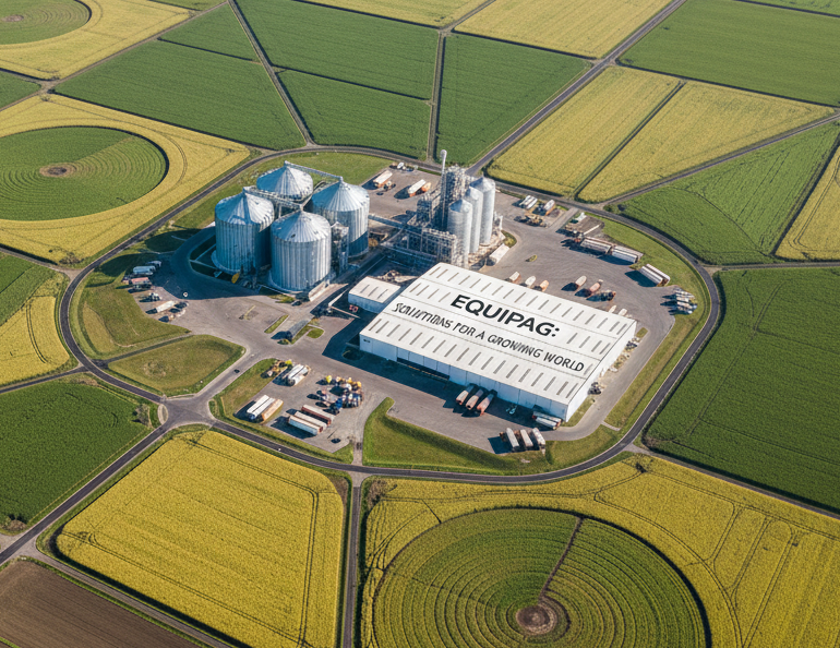 An expansive aerial view of a diversified agroindustrial landscape, with large, geometrically precise fields of different crops forming a patchwork of greens and golds, converging toward a central, modern processing plant featuring silver silos, warehouses, and loading bays. Paved access roads and irrigation channels radiate outward in a clearly planned pattern. Captured in photographic realism from a high bird’s-eye perspective, with bright midday sunlight illuminating the scene, casting minimal shadows and revealing crisp field textures. The composition highlights the processing center as the focal point, symbolizing a solutions hub for surrounding producers. The mood is optimistic, organized, and forward-looking, conveying EQUIPAG’s role in integrating field production with efficient industrial transformation.